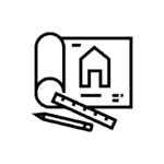 Ein Lineal, ein Bleistift und ein Plan mit einem Haus.